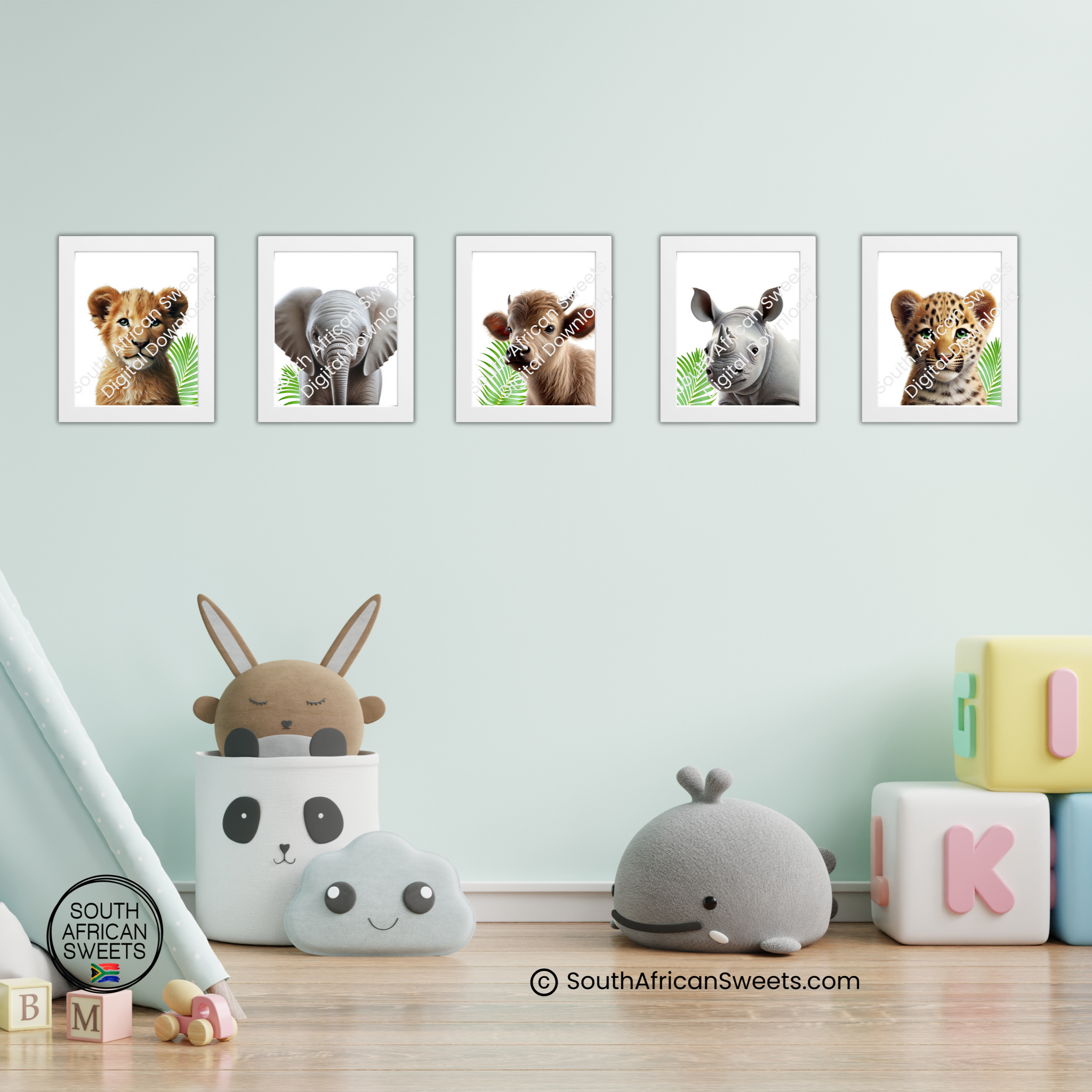 Safari BIG FIVE Nursery Set of Five Baby Animal Images (8x10 inch Printable Poster Digital Download)