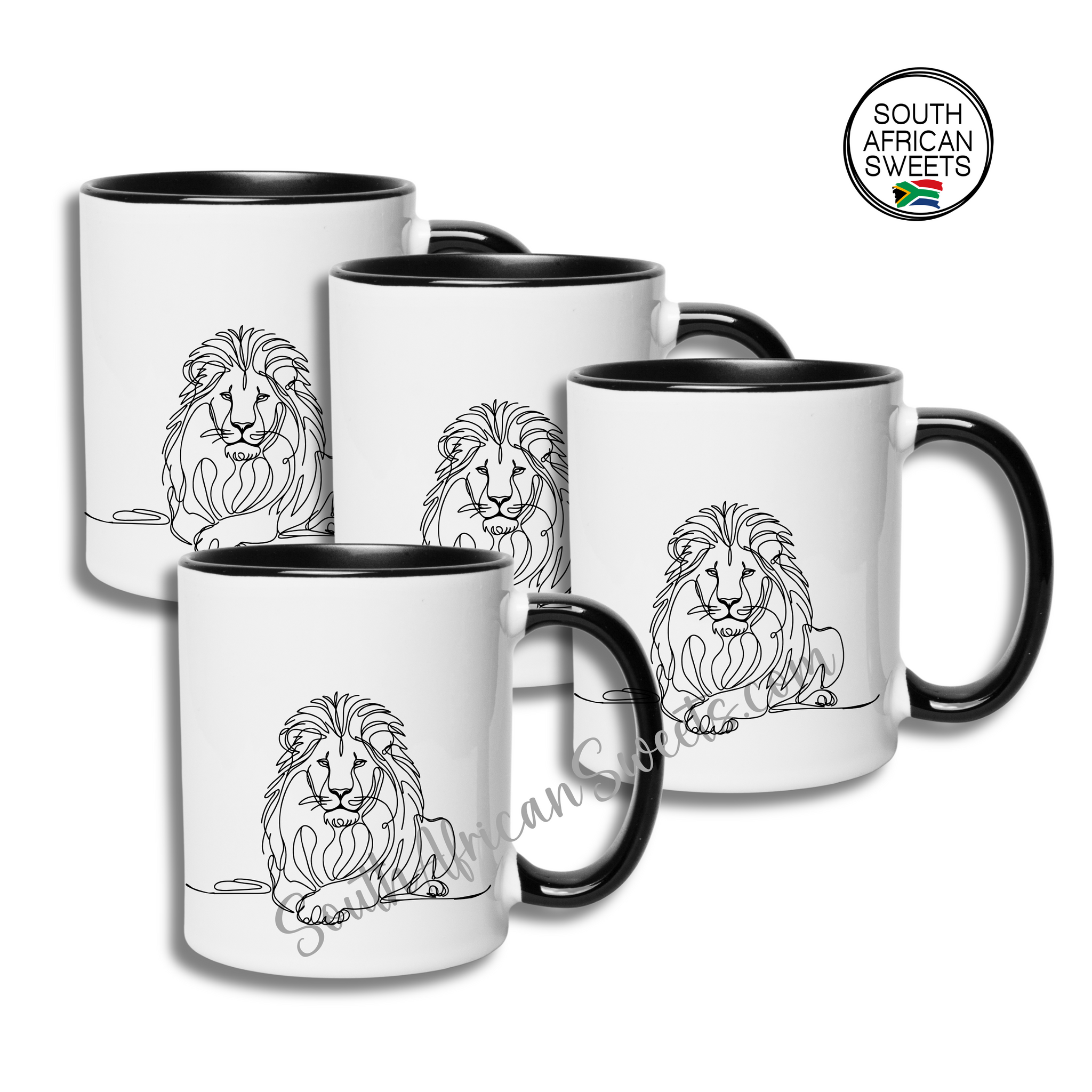 11oz White Ceramic Mugs - Set of 4 Mugs - Exclusive South African - LION