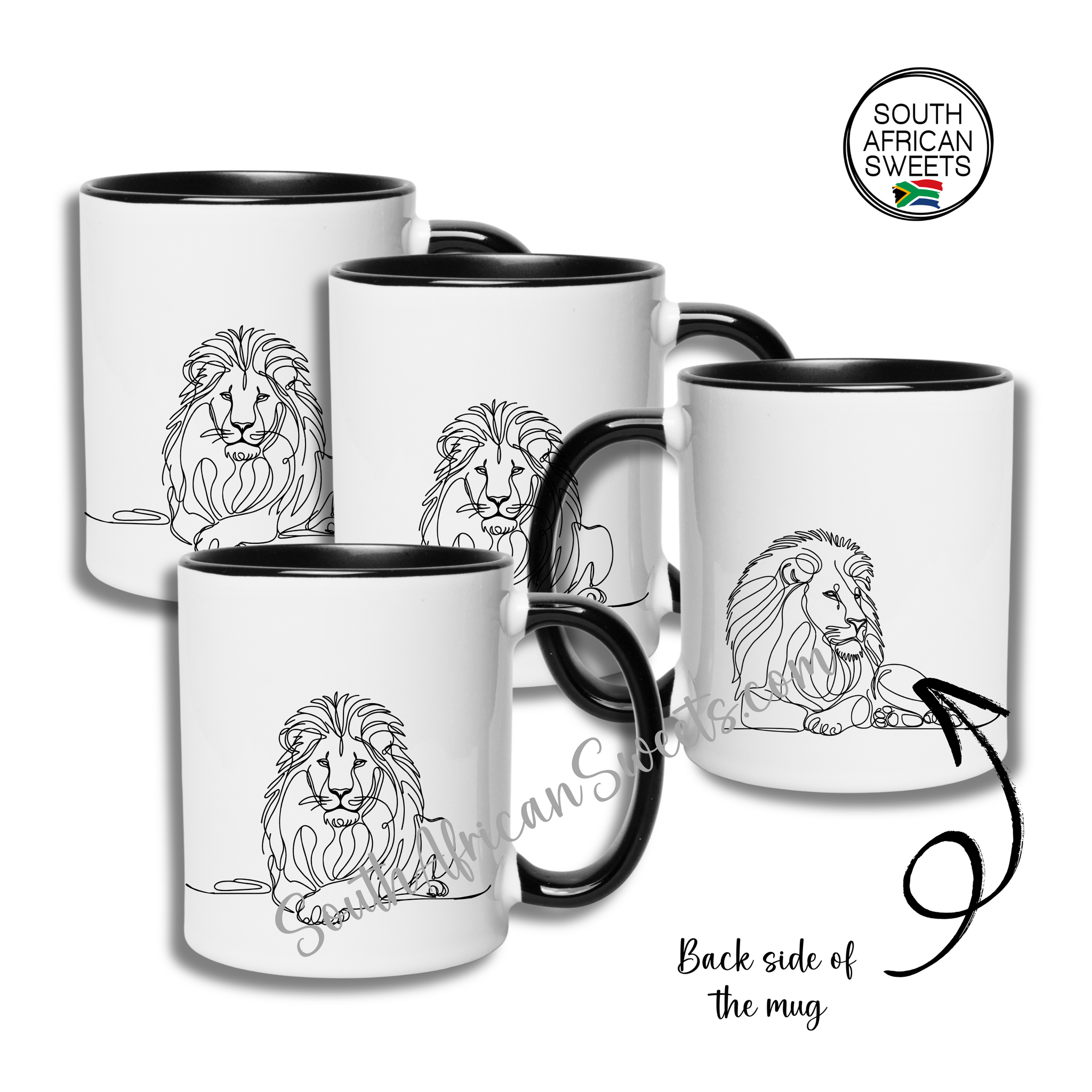 11oz White Ceramic Mugs - Set of 4 Mugs - Exclusive South African - LION
