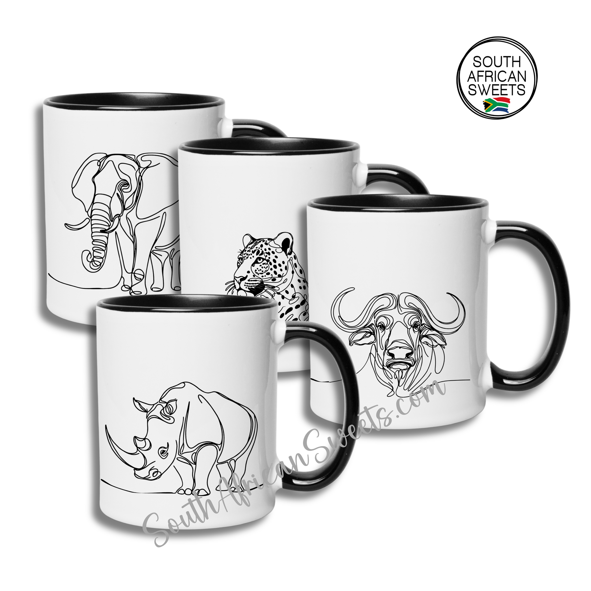 11oz White Ceramic Mugs - Set of 4 Mugs - Exclusive South African - ANIMALS 1