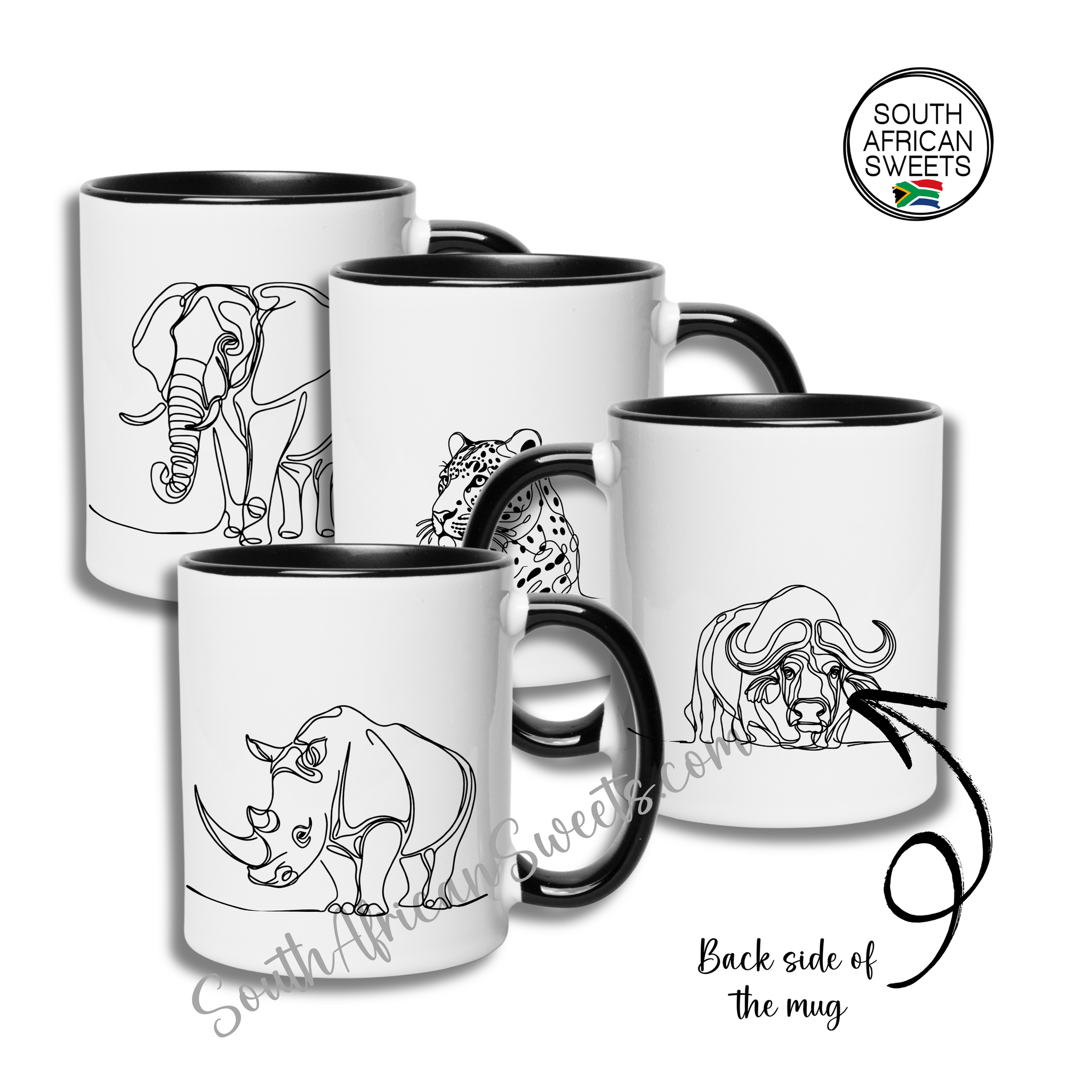 11oz White Ceramic Mugs - Set of 4 Mugs - Exclusive South African - ANIMALS 1