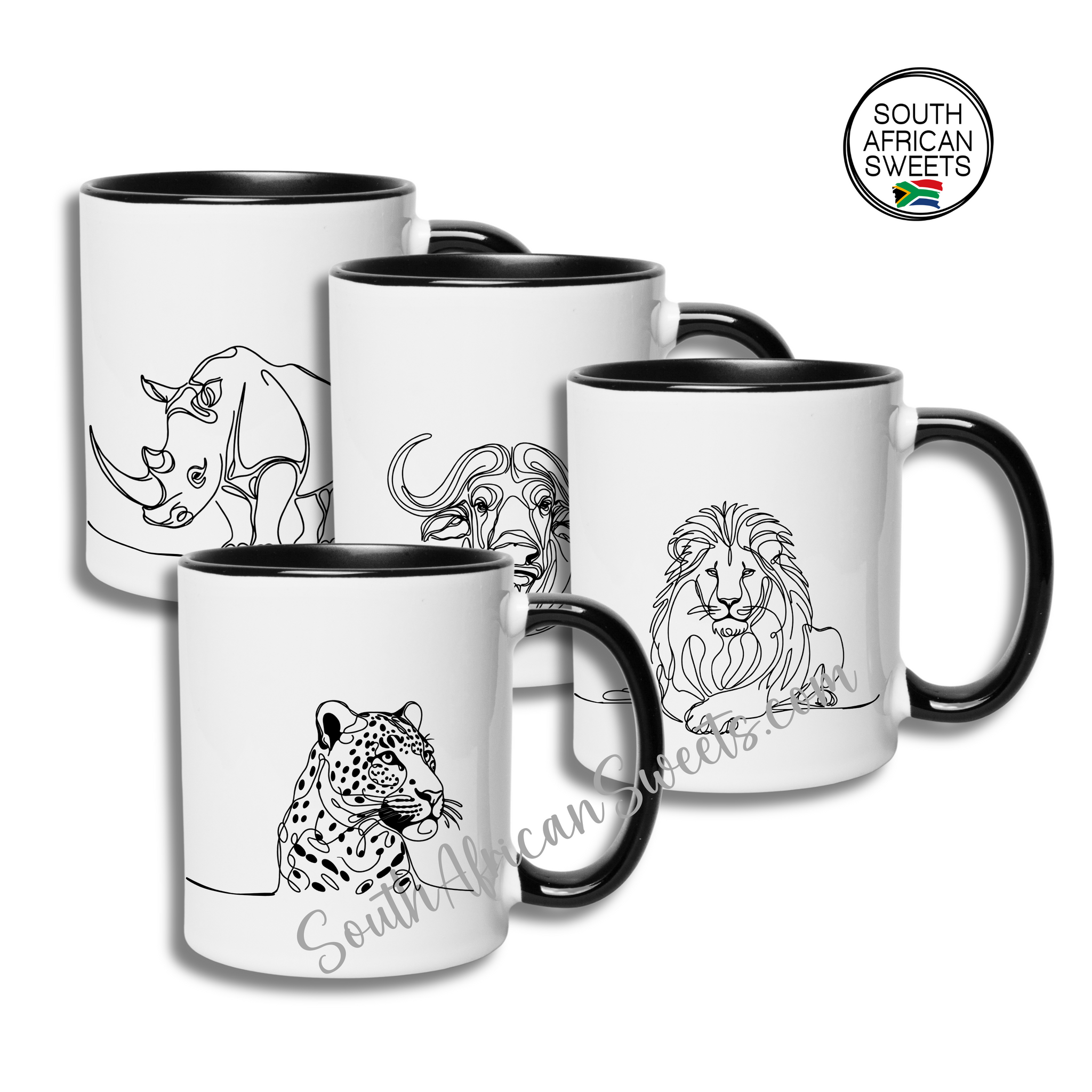 11oz White Ceramic Mugs - Set of 4 Mugs - Exclusive South African - ANIMALS 2