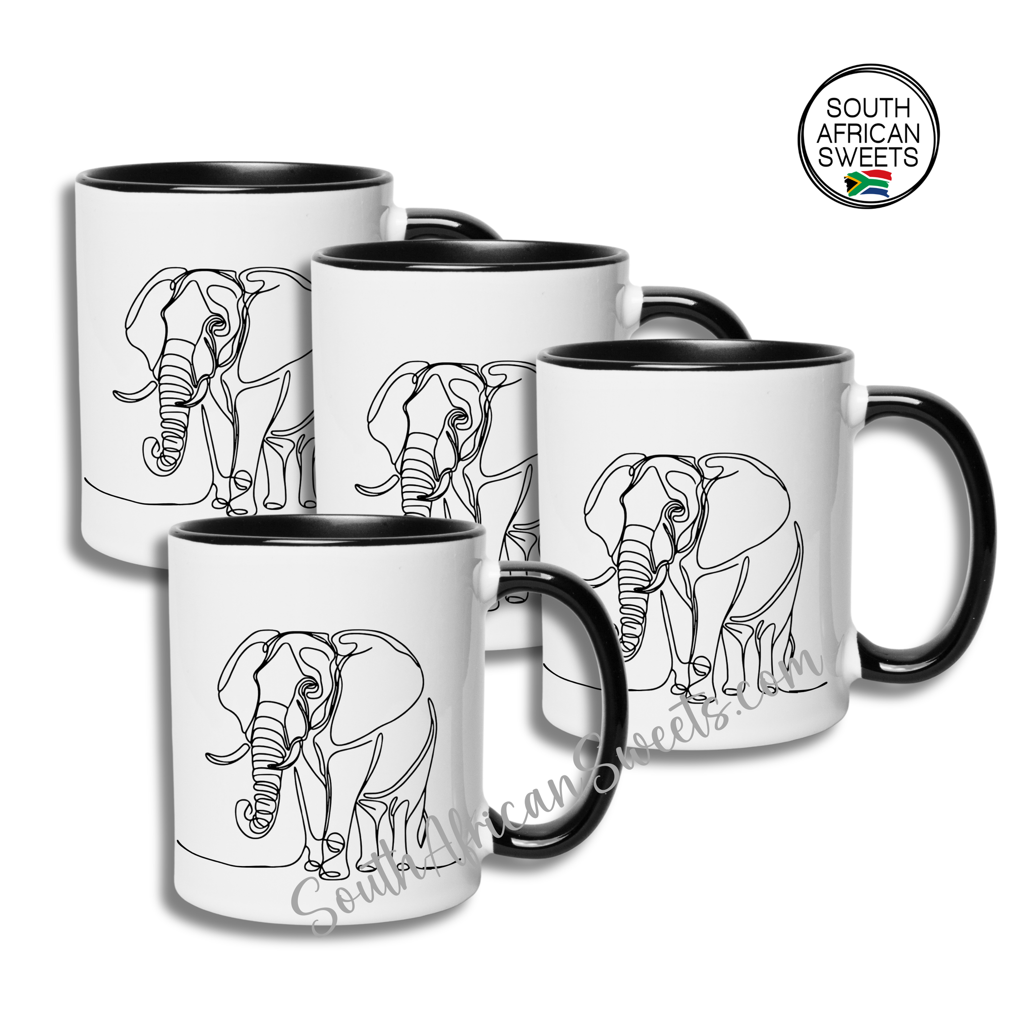 11oz White Ceramic Mugs - Set of 4 Mugs - Exclusive South African - ELEPHANT
