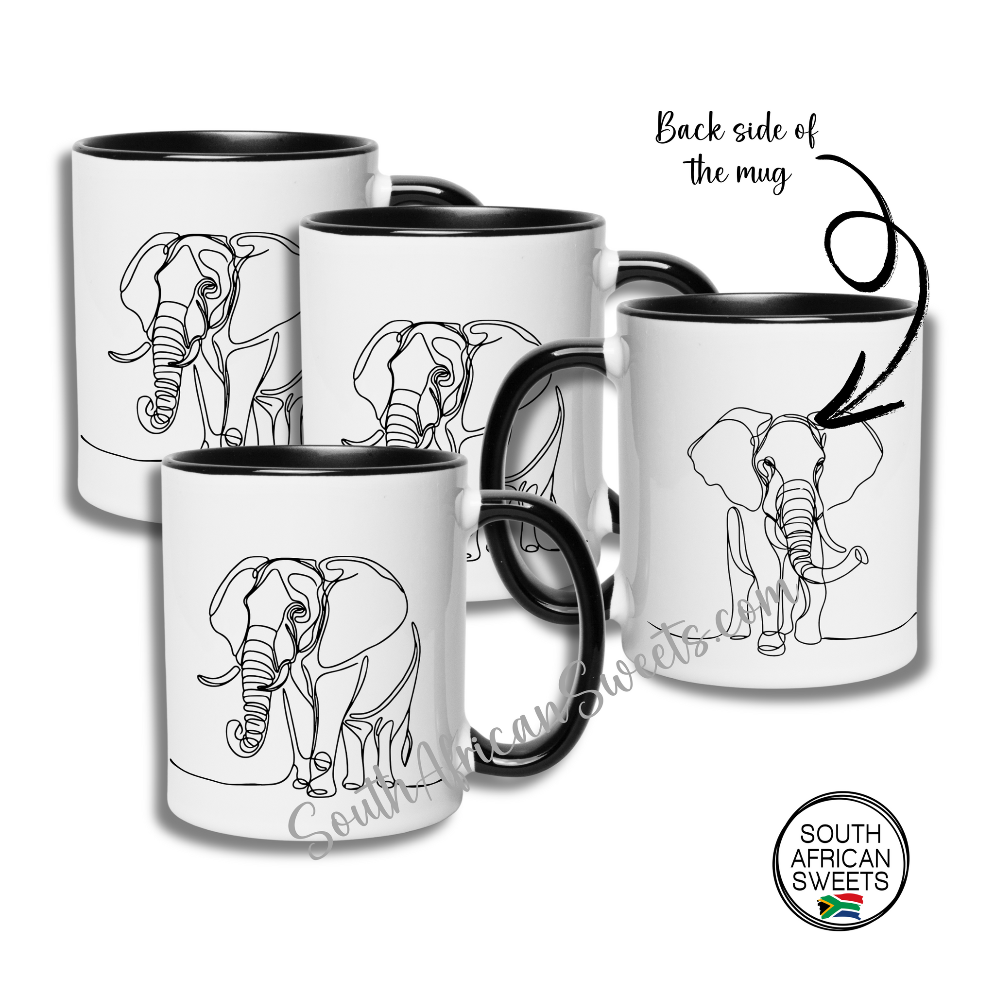 11oz White Ceramic Mugs - Set of 4 Mugs - Exclusive South African - ELEPHANT