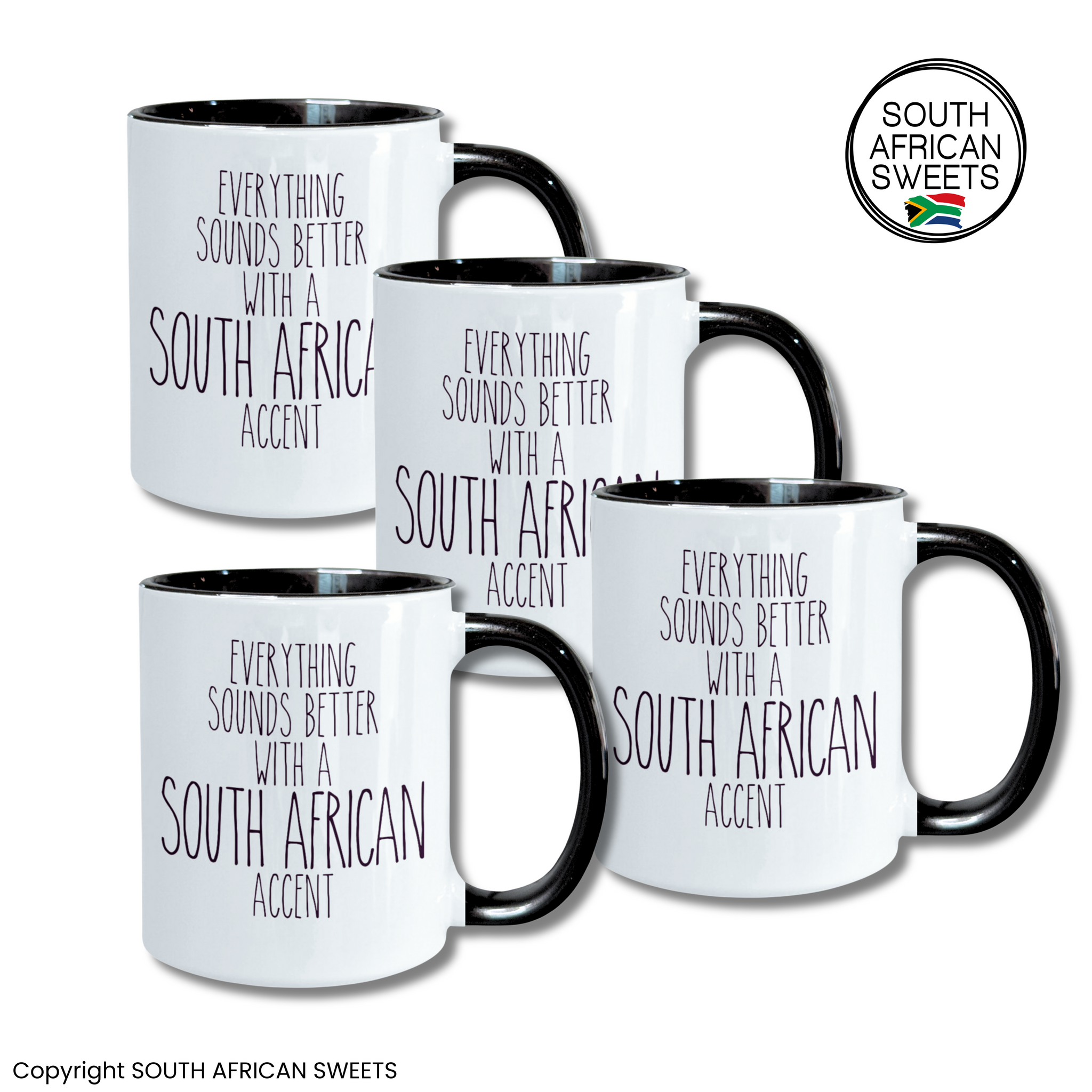 11oz White Ceramic Mugs - Set of 4 Mugs - Exclusive South African Series - SA Accent
