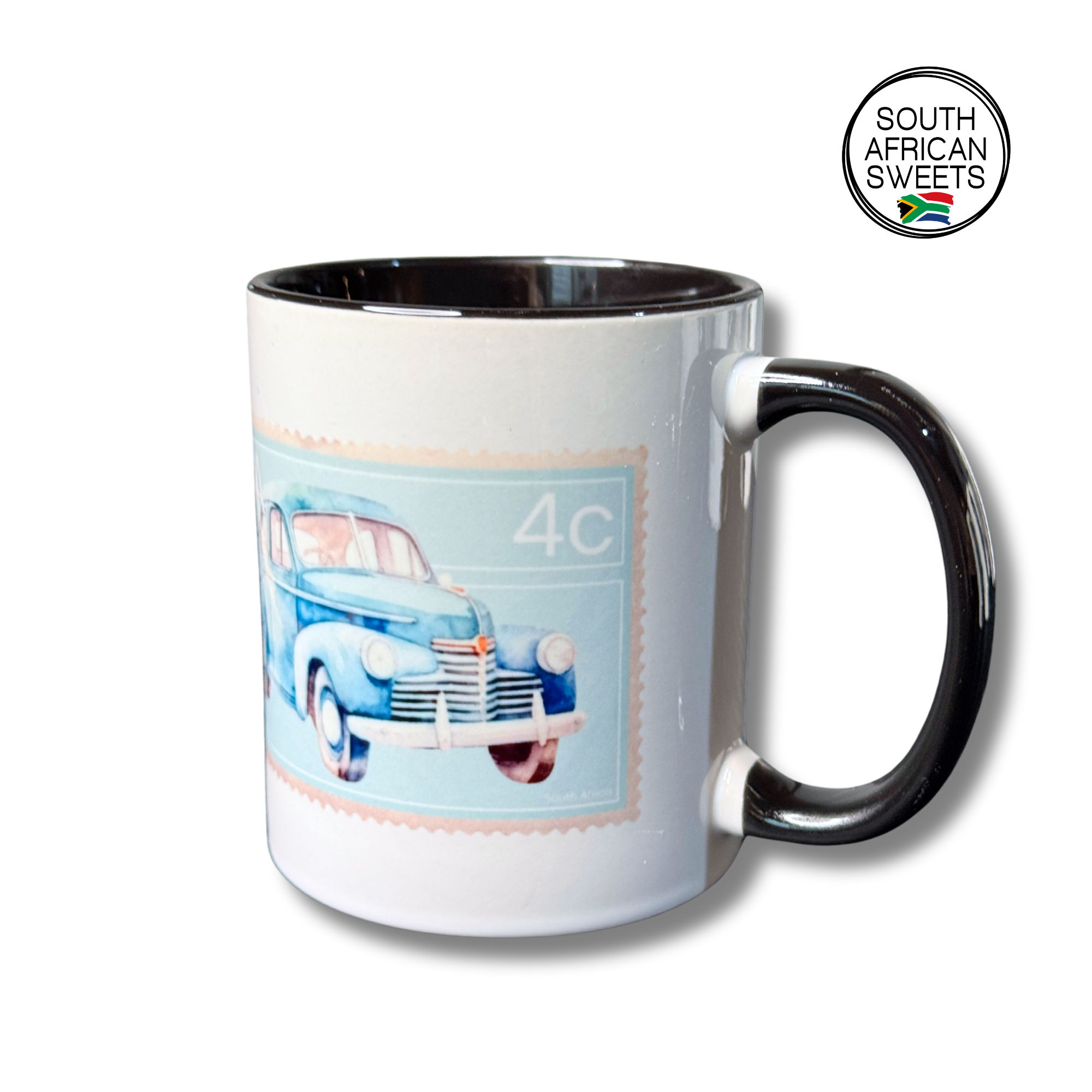 11oz White Ceramic Mug - Exclusive South African Stamp Series - Blue Car
