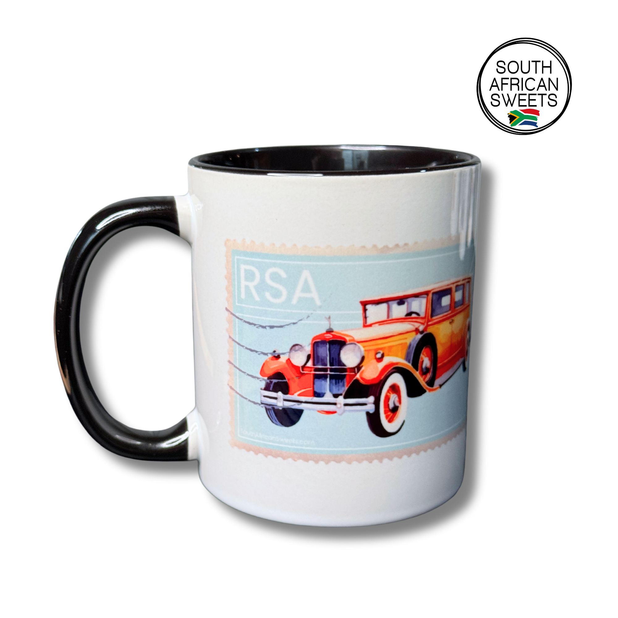 11oz White Ceramic Mug - Exclusive South African Stamp Series - Orange Car
