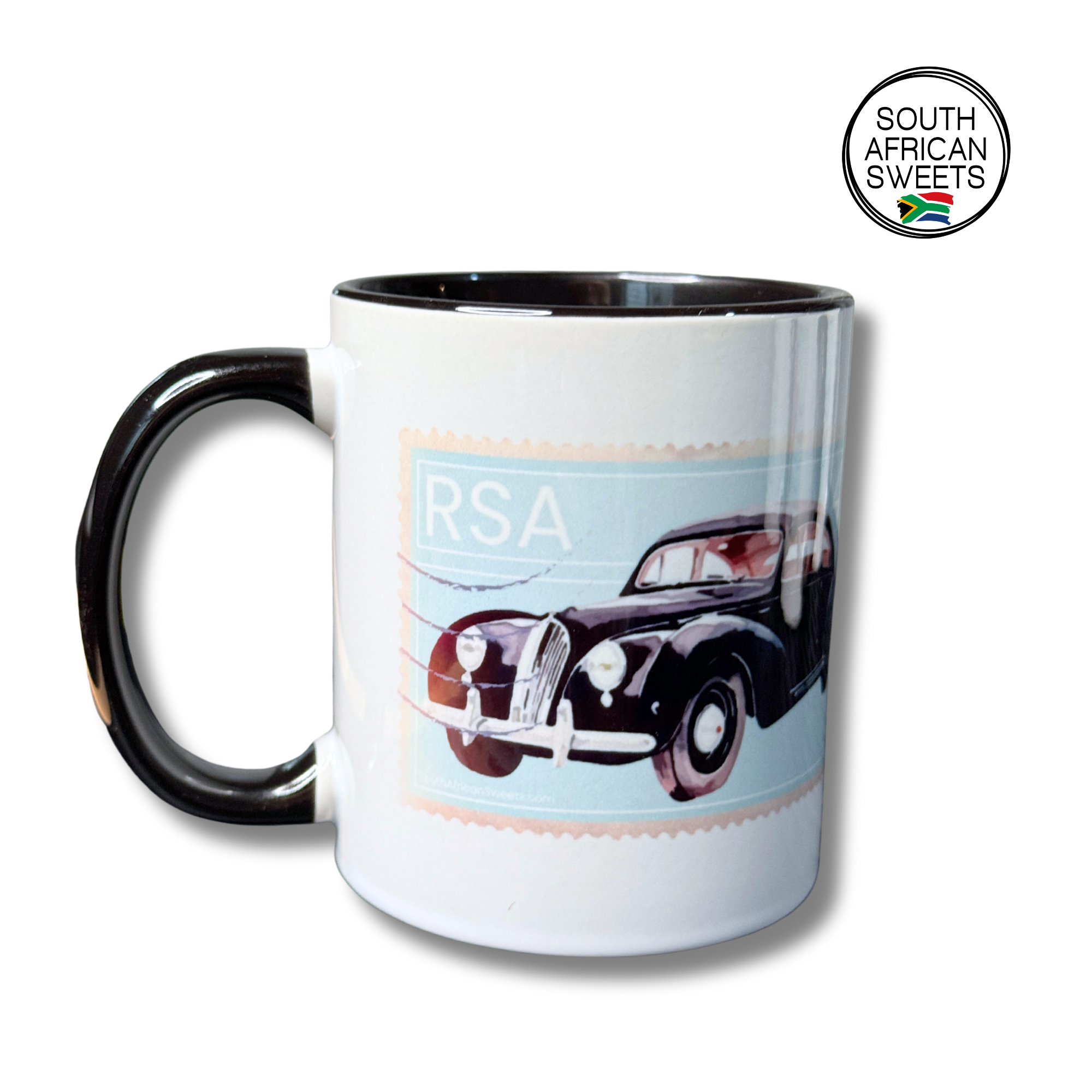 11oz White Ceramic Mug - Exclusive South African Stamp Series - Black Car