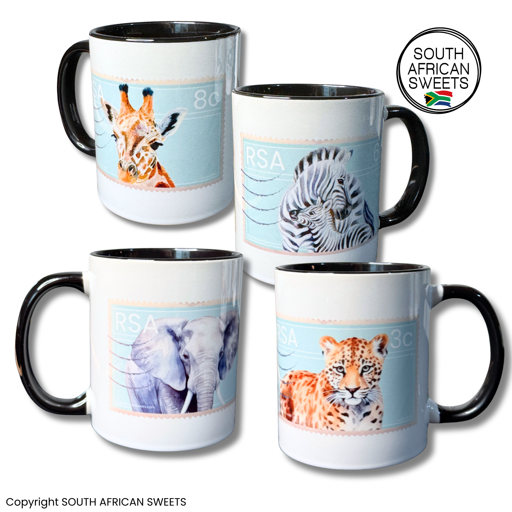 11oz White Ceramic Mugs - Set of 4 Mugs - Exclusive South African STAMP Series - Elephant Giraffe Zebra Leopard