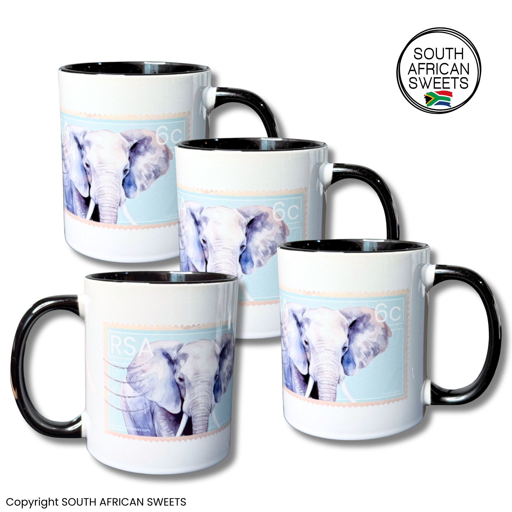 11oz White Ceramic Mugs - Set of 4 Mugs - Exclusive South African STAMP Series - Elephants