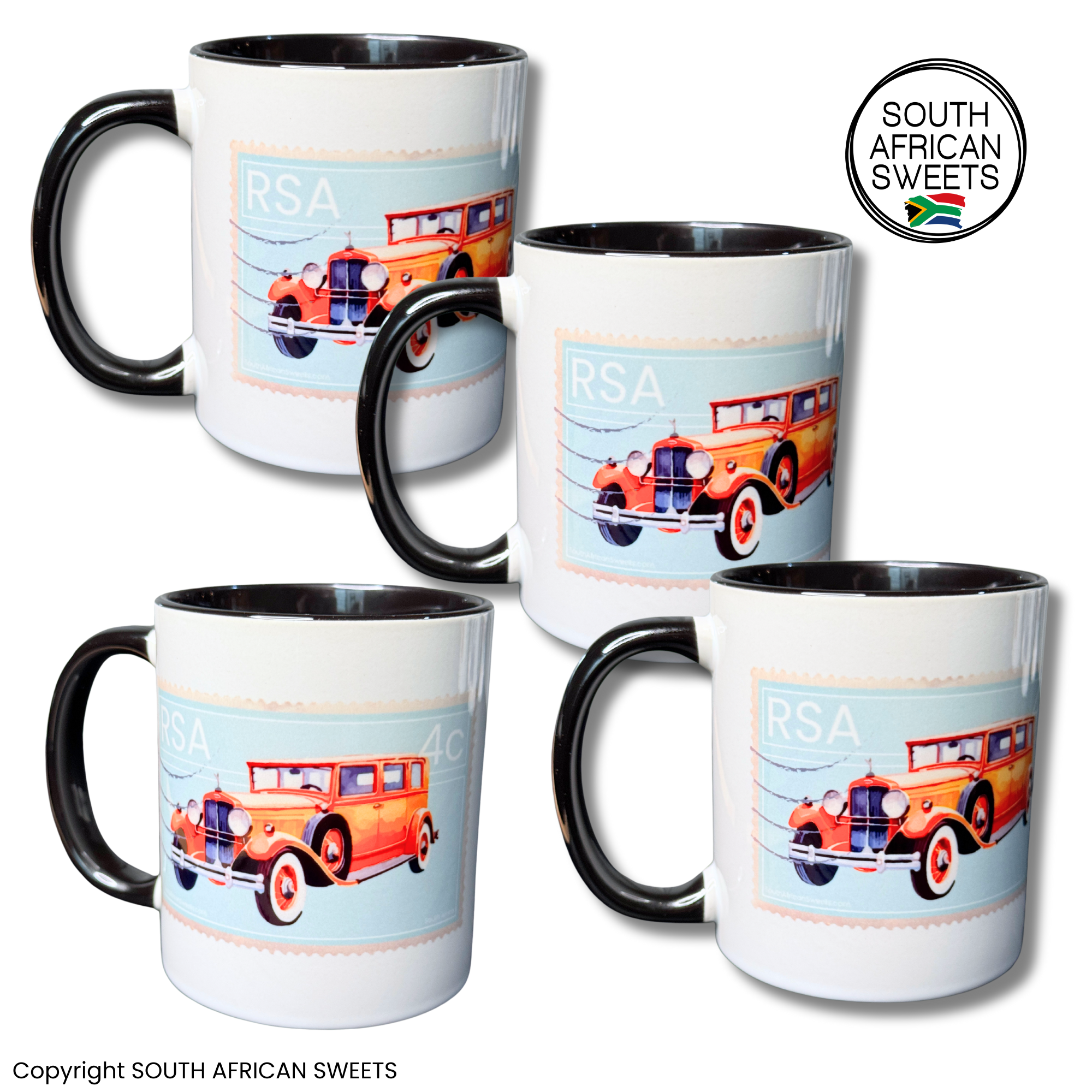 11oz White Ceramic Mugs - Set of 4 Mugs - Exclusive South African STAMP Series - Orange Cars