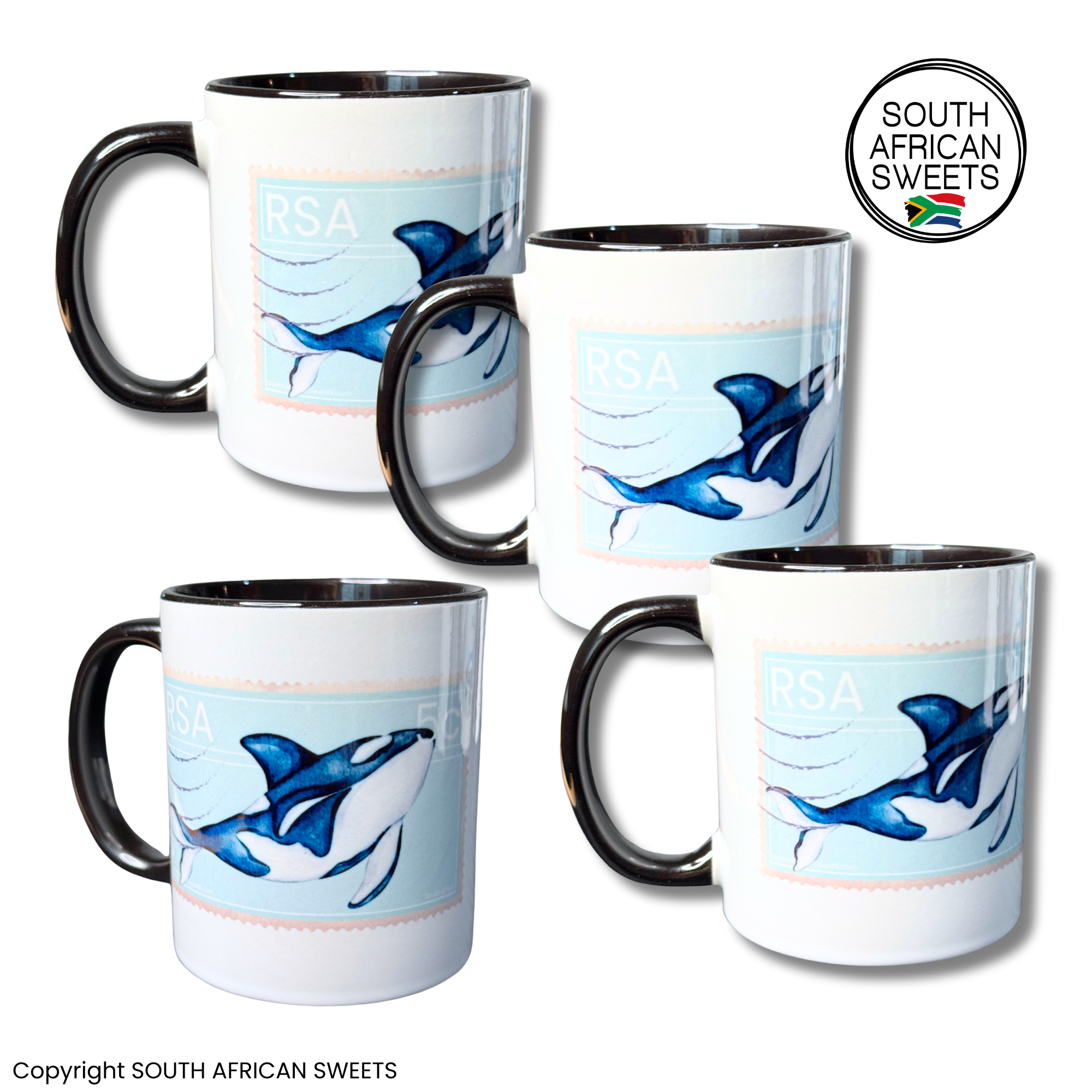 11oz White Ceramic Mugs - Set of 4 Mugs - Exclusive South African STAMP Series - Orca Whales