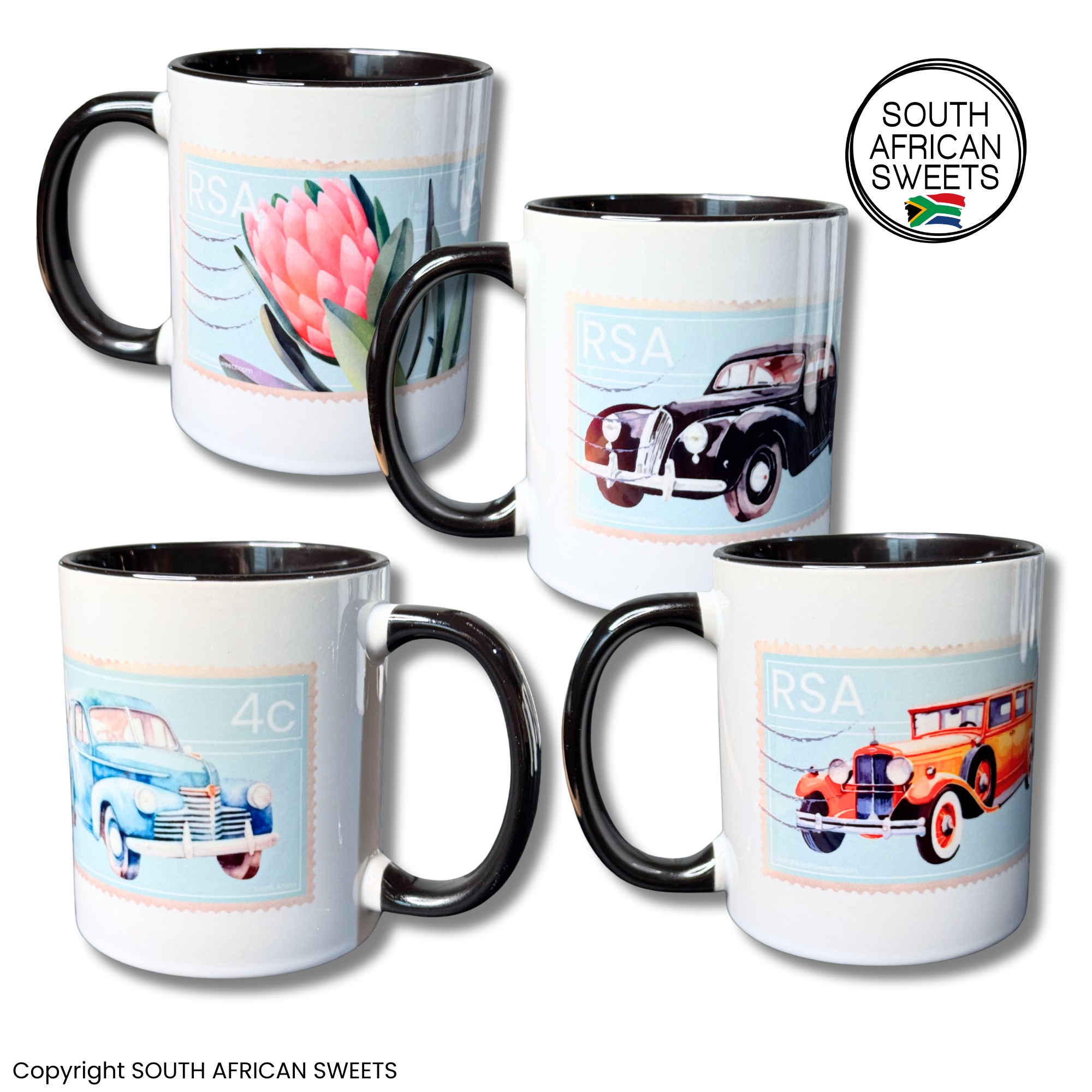 11oz White Ceramic Mugs - Set of 4 Mugs - Exclusive South African STAMP Series - Protea  and 3 Cars