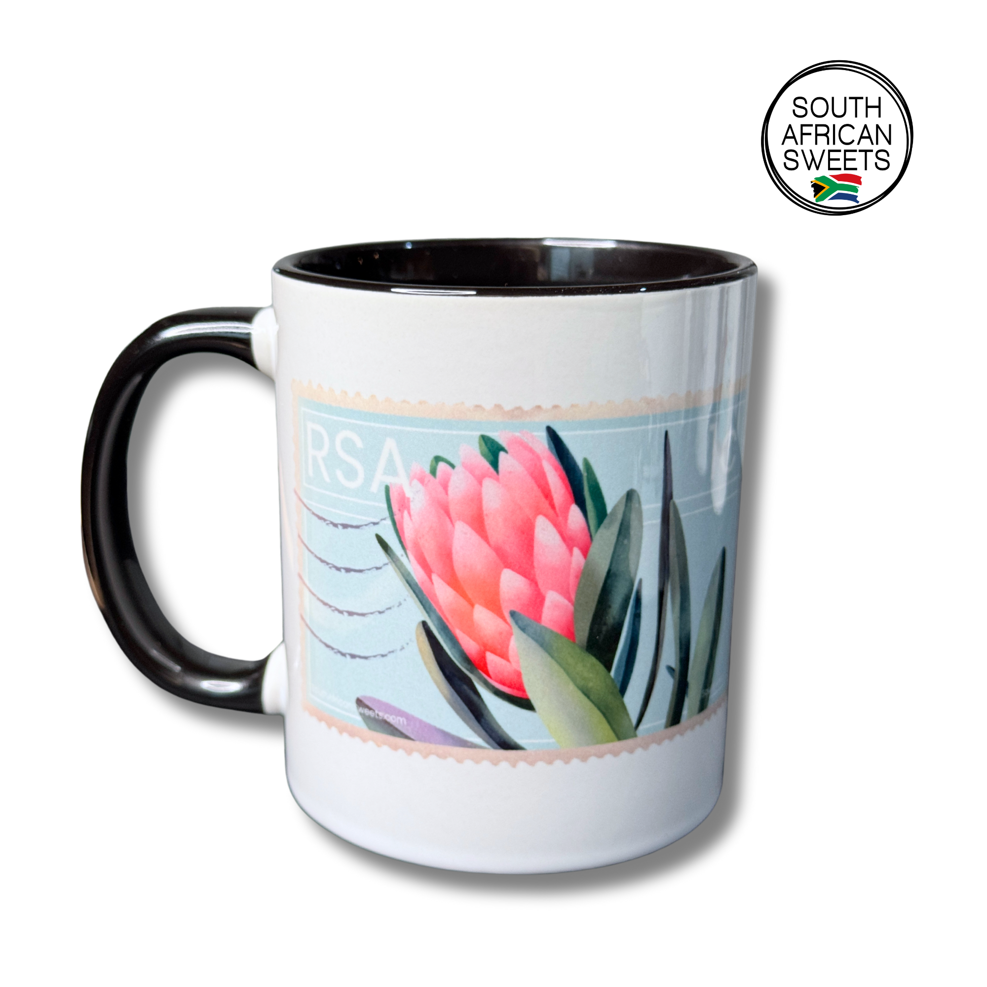 11oz White Ceramic Mug - Exclusive South African Stamp Series - Protea