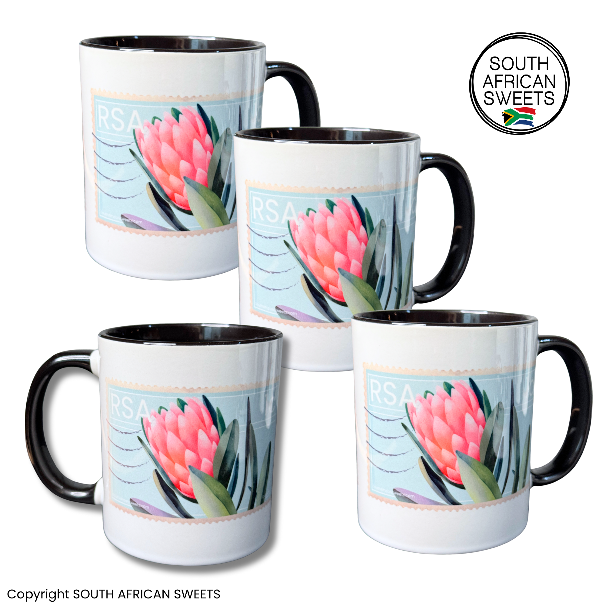 11oz White Ceramic Mugs - Set of 4 Mugs - Exclusive South African STAMP Series - Protea Flowers