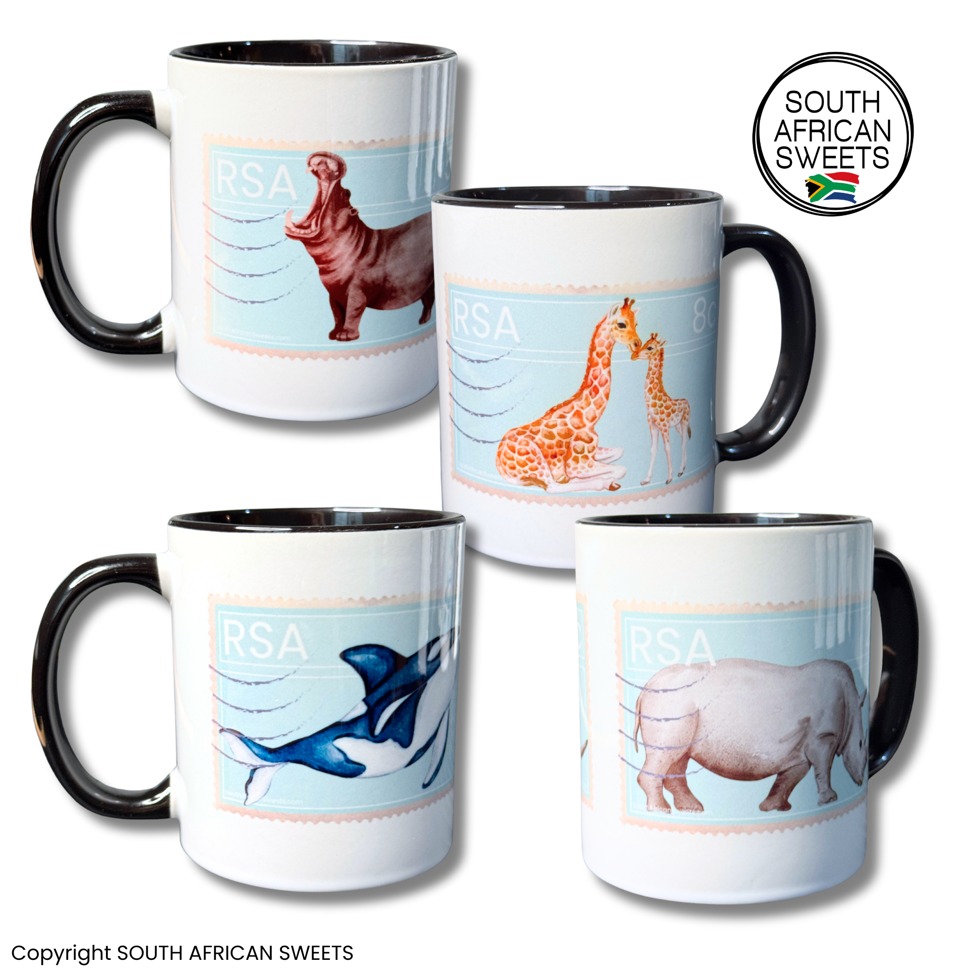 11oz White Ceramic Mugs - Set of 4 Mugs - Exclusive South African STAMP Series - Hippo Rhino Giraffe Orca Whale