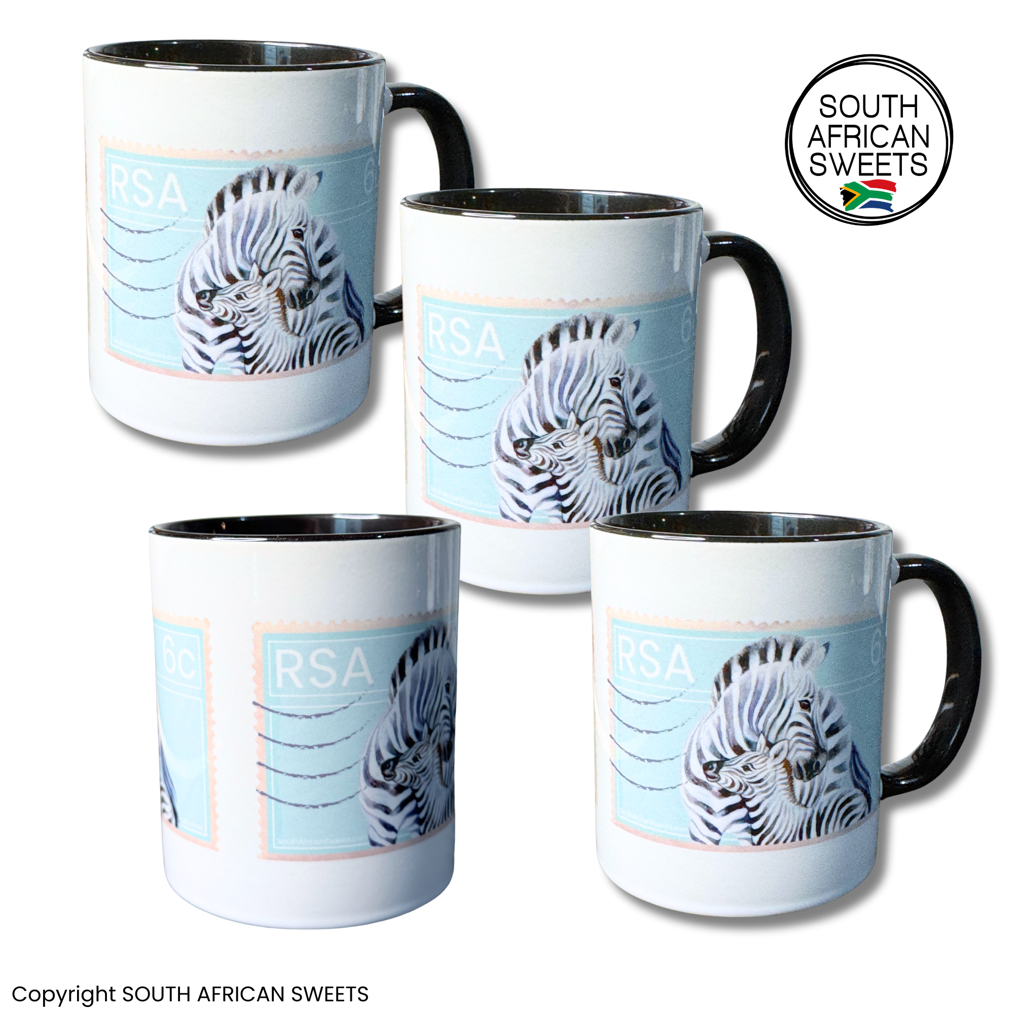 11oz White Ceramic Mugs - Set of 4 Mugs - Exclusive South African STAMP Series - Zebra
