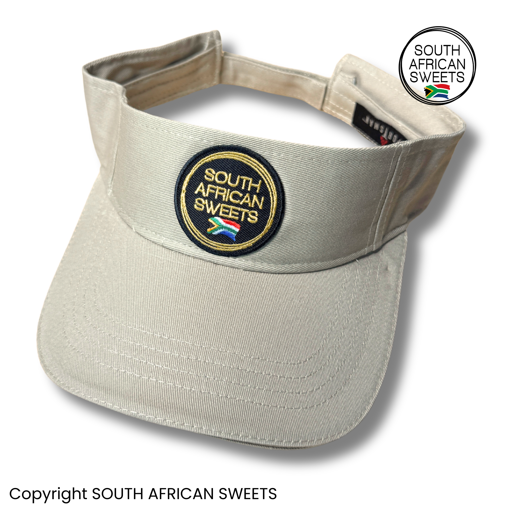 Adjustable Natural Beige Khaki Sun Peak Cap - South African Sweets embroidered logo