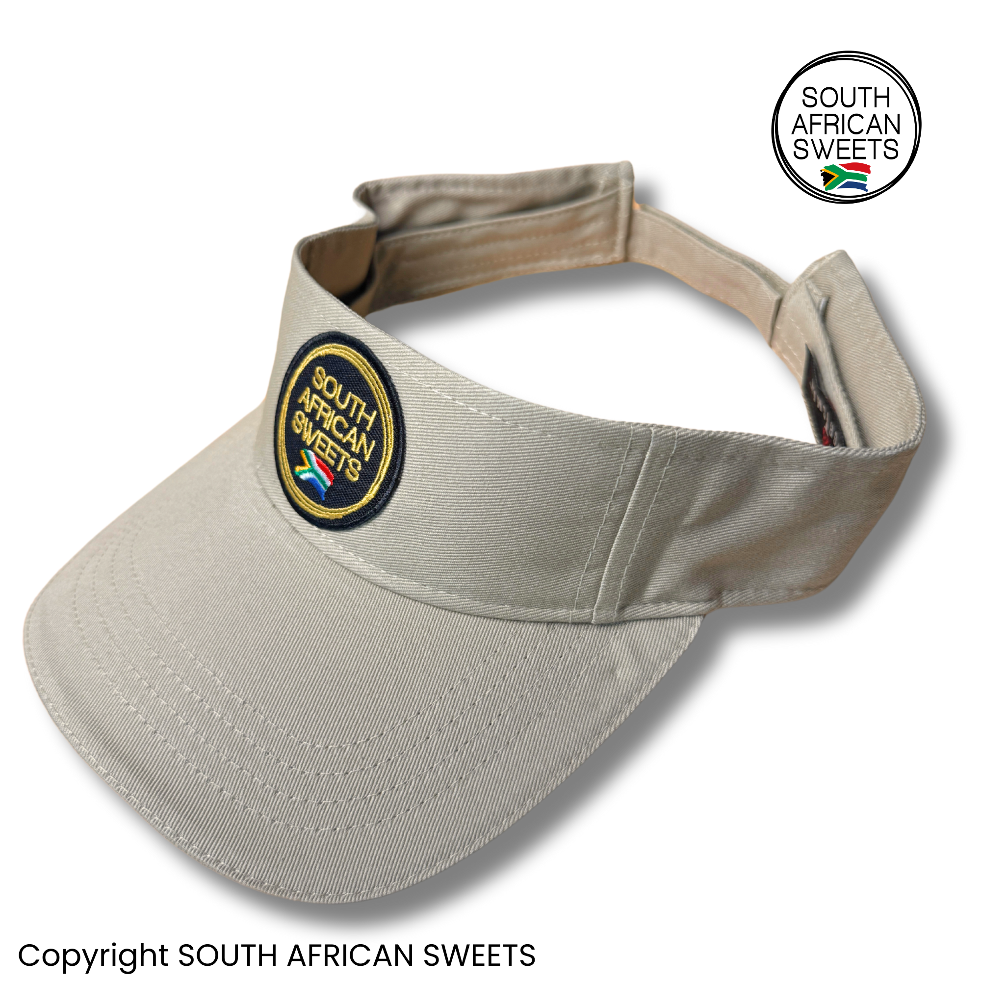 Adjustable Natural Beige Khaki Sun Peak Cap - South African Sweets embroidered logo