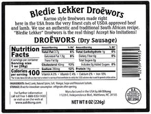 Load image into Gallery viewer, Bledie Lekker Droewors (Dried Sausage) 8oz Resealable Bag
