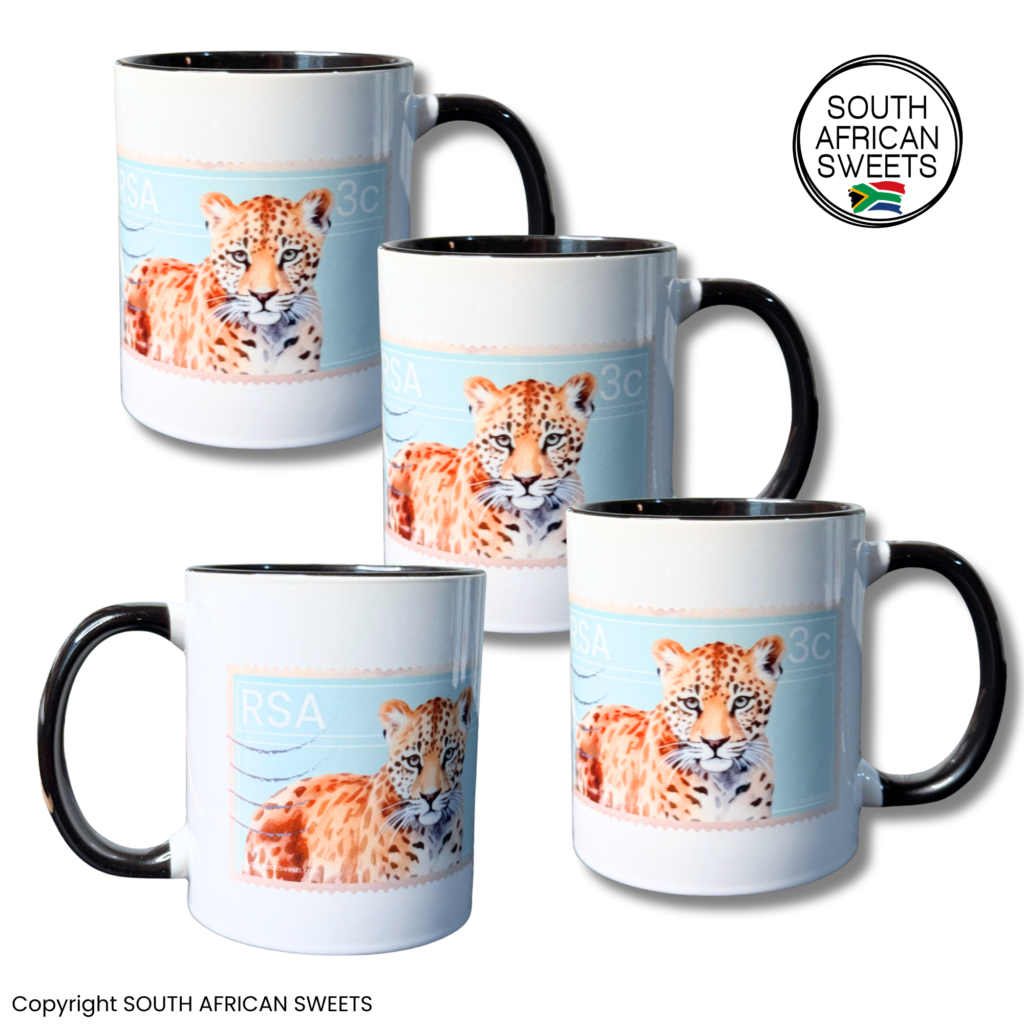 11oz White Ceramic Mugs - Set of 4 Mugs - Exclusive South African STAMP Series - Leopards